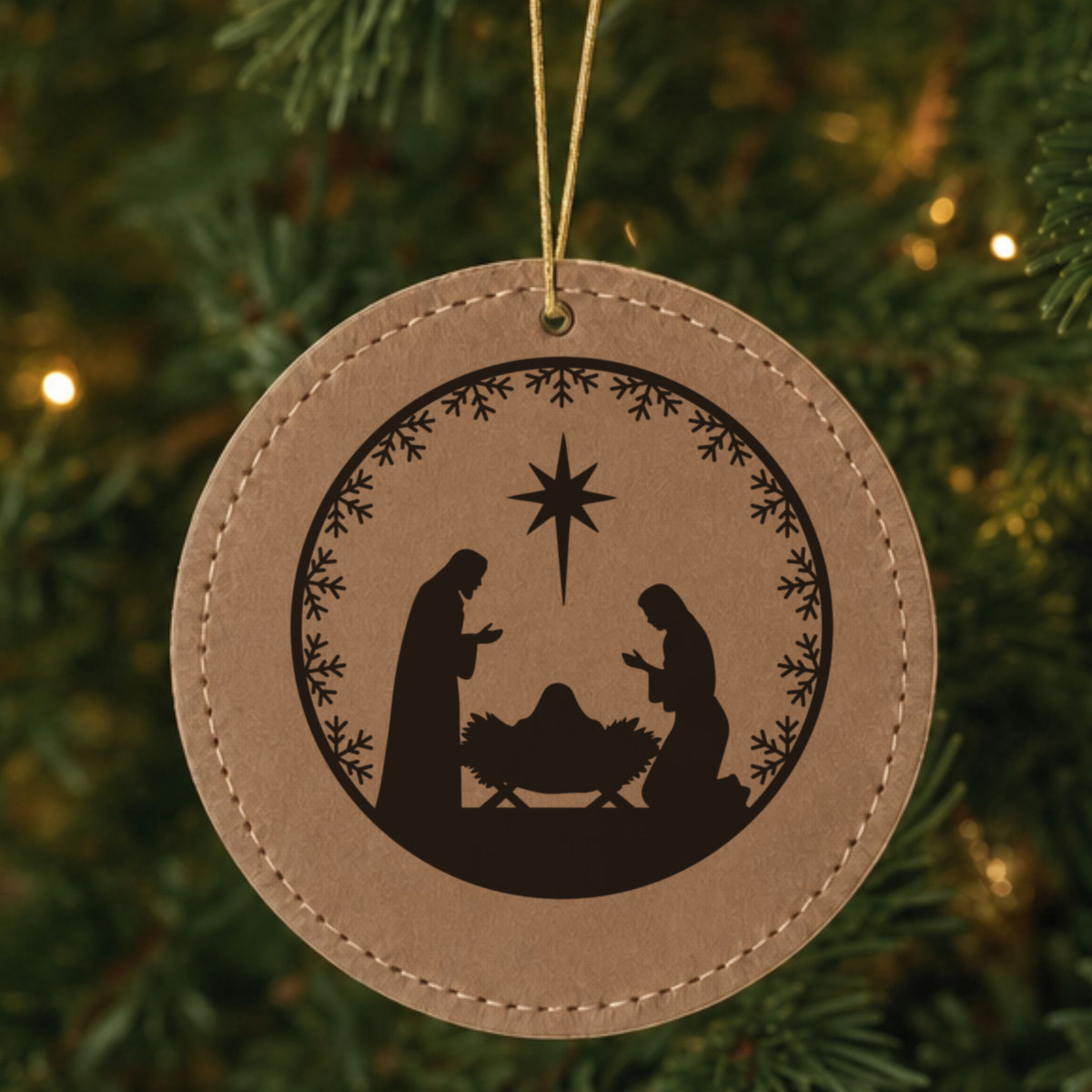 Brown leatherette Christmas ornament engraved with Nativity Scene, Round design