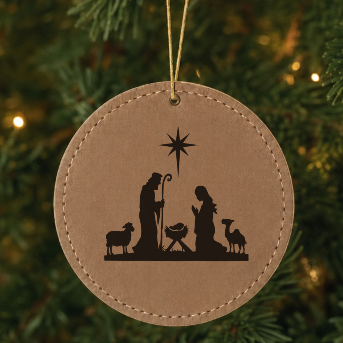 Brown leatherette Christmas ornament engraved with Nativity Scene, Classic design