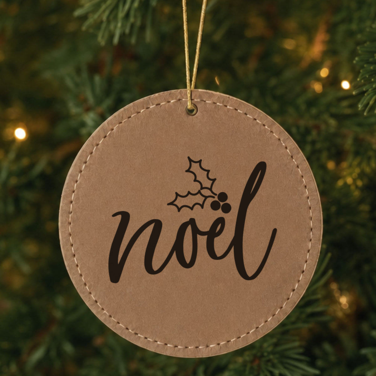 Brown leatherette Christmas ornament engraved with Noel