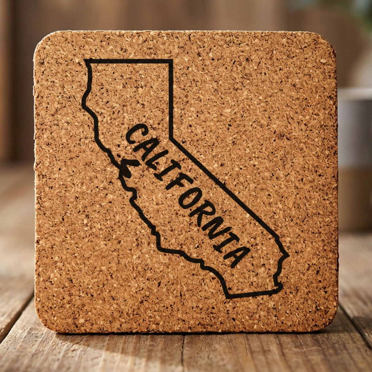 California square cork coaster engraved with the state outline and CALIFORNIA in hand-drawn brush lettering