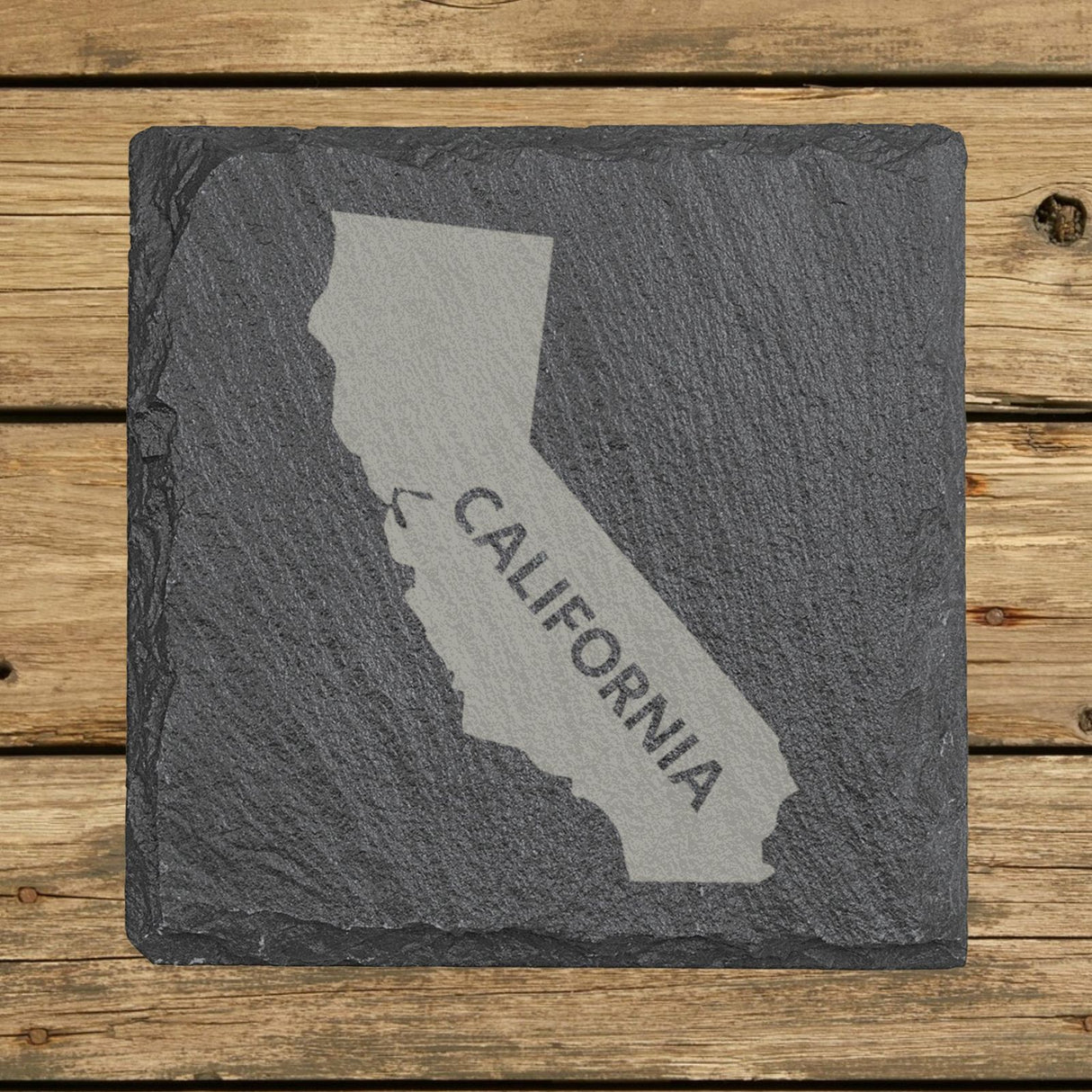 California square slate coaster engraved with the state shape and CALIFORNIA in bold lettering