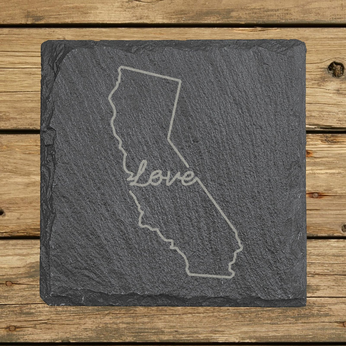 California square slate coaster engraved with a hand-drawn state outline and love in cursive