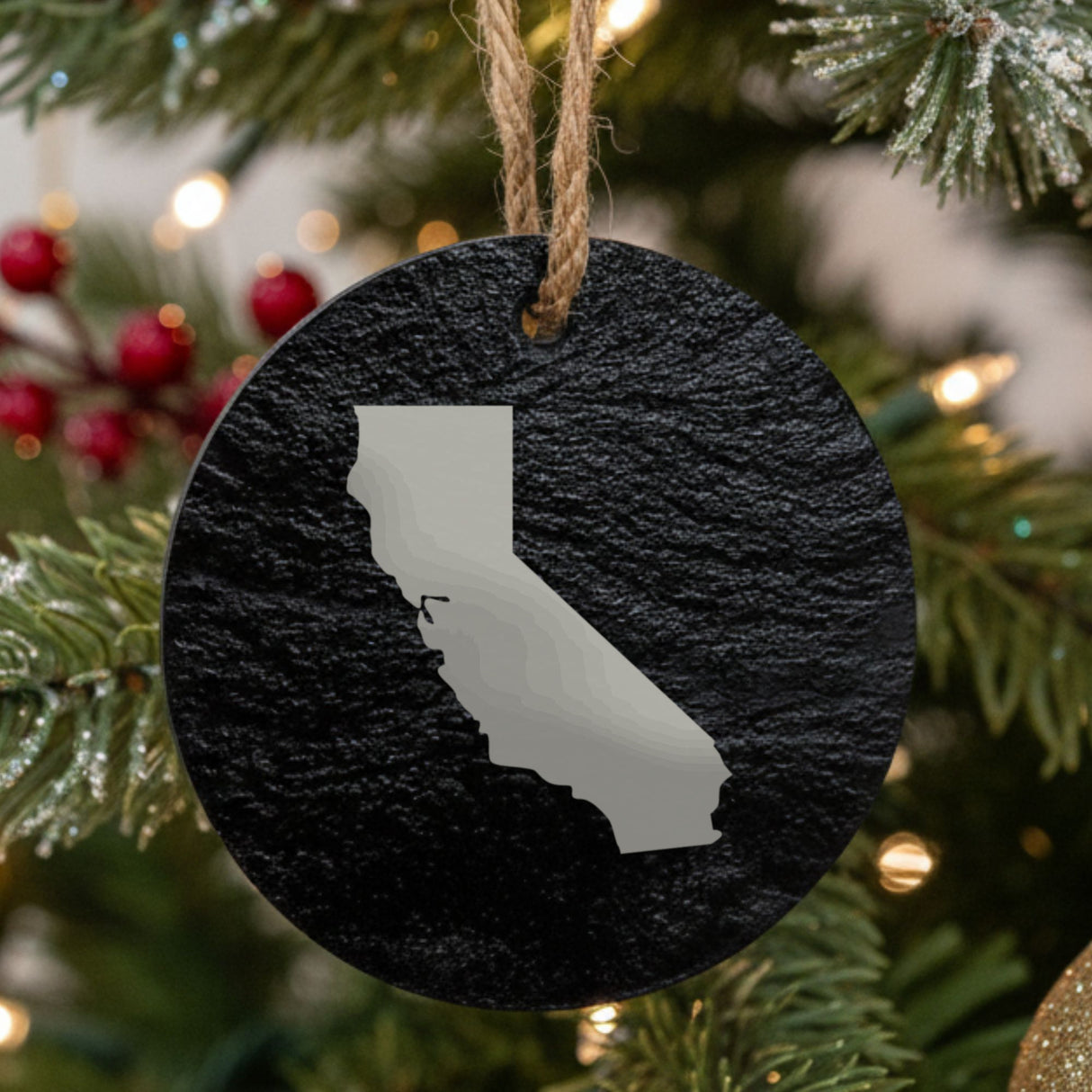 California round slate Christmas ornament with the full state shape engraved