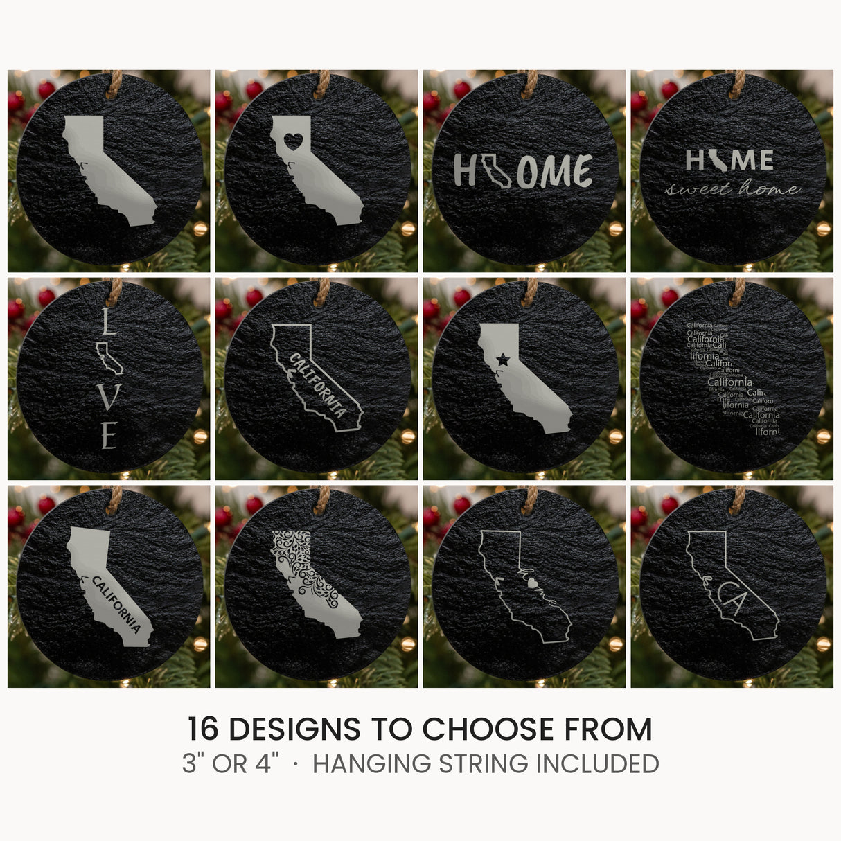 California slate Christmas ornament, laser engraved natural stone