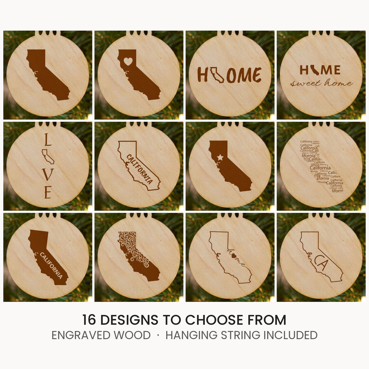 California wood Christmas ornament, laser engraved natural wood