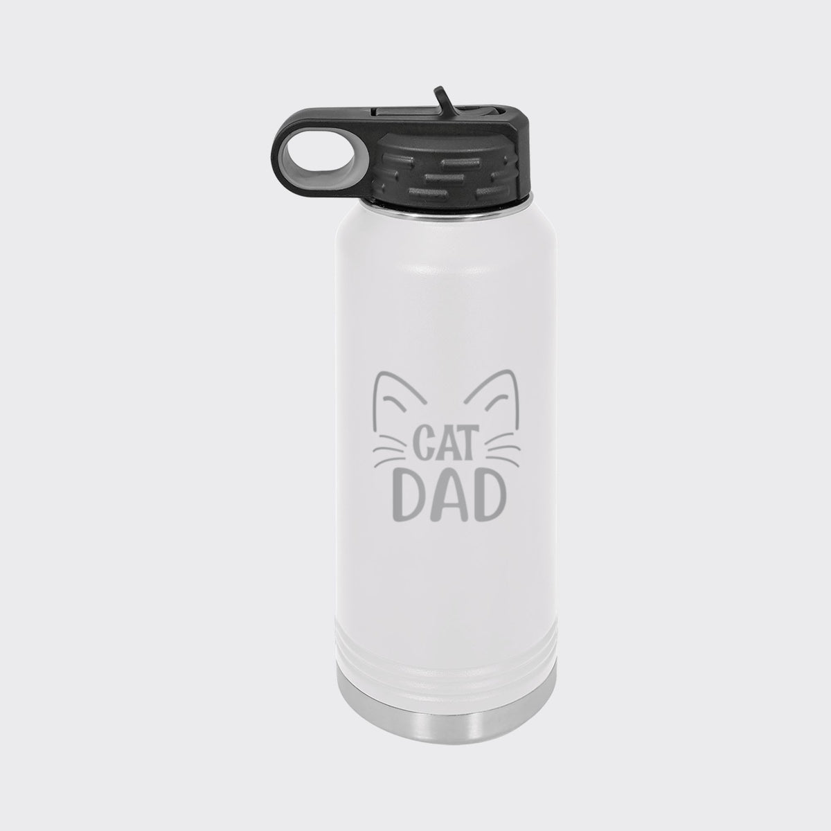 White 32 oz insulated water bottle laser engraved with "Cat Dad"