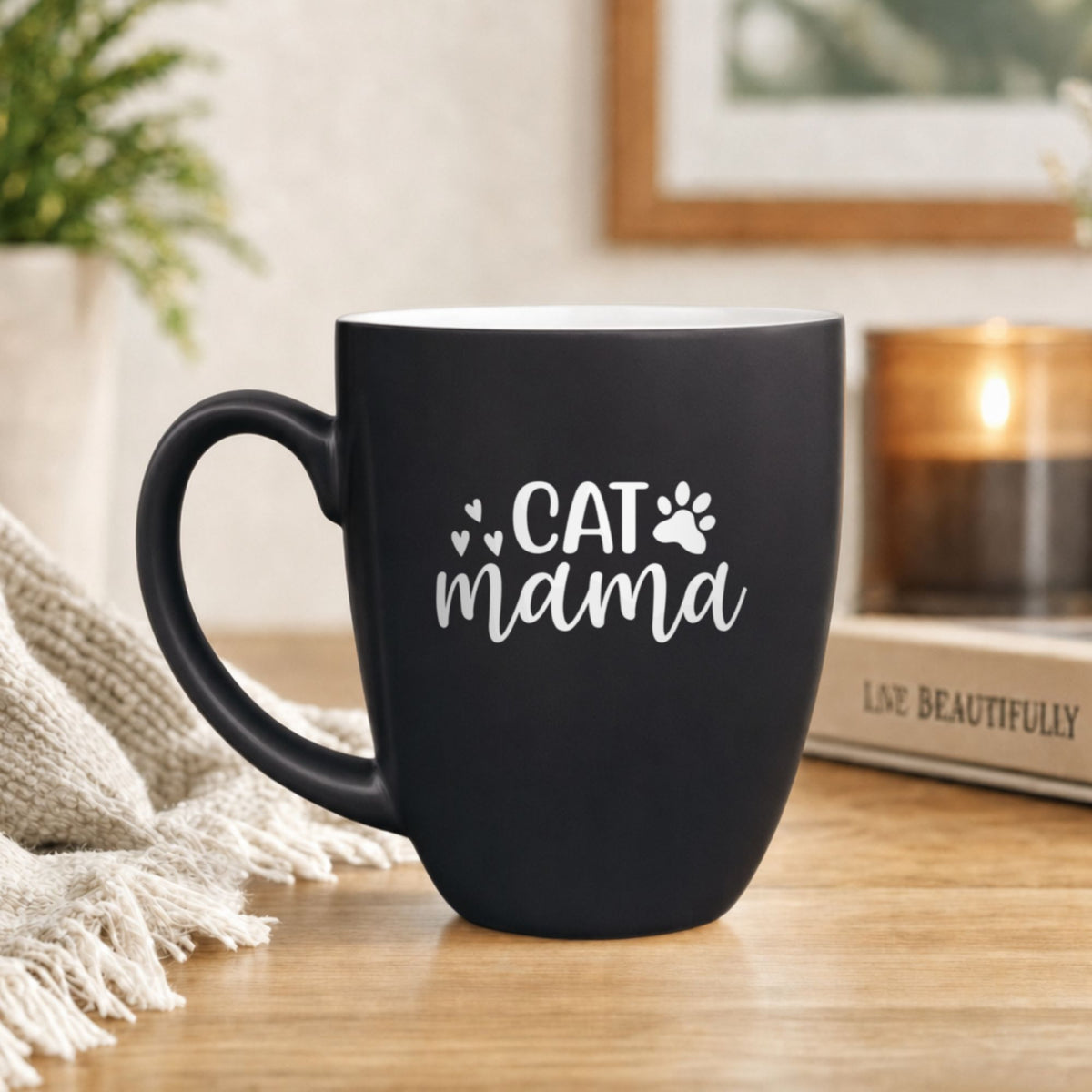 16 oz black ceramic coffee mug with "Cat Mama"