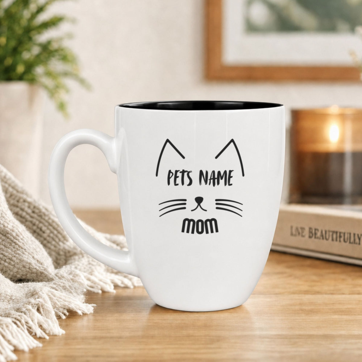 White 16 oz ceramic custom cat mom mug showing where your pet's name goes