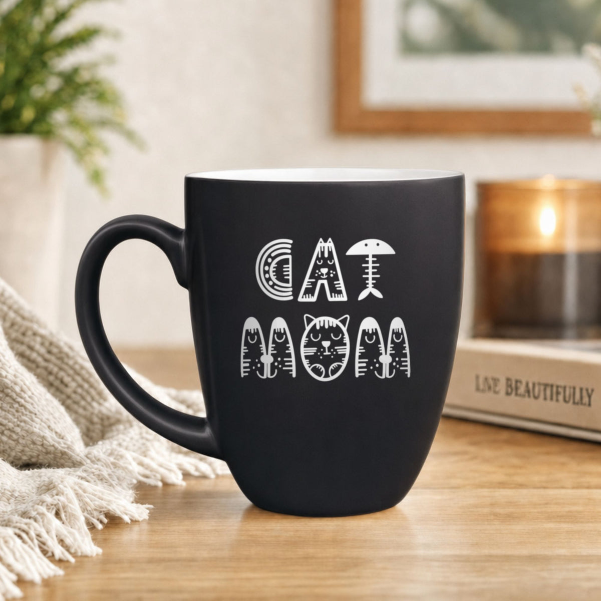 16 oz black ceramic coffee mug with "Cat Mom (Illustrated)"