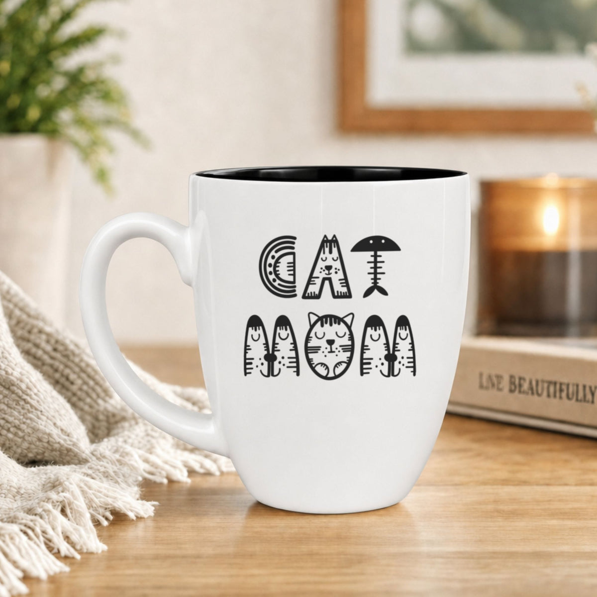 16 oz white ceramic coffee mug with "Cat Mom (Illustrated)"