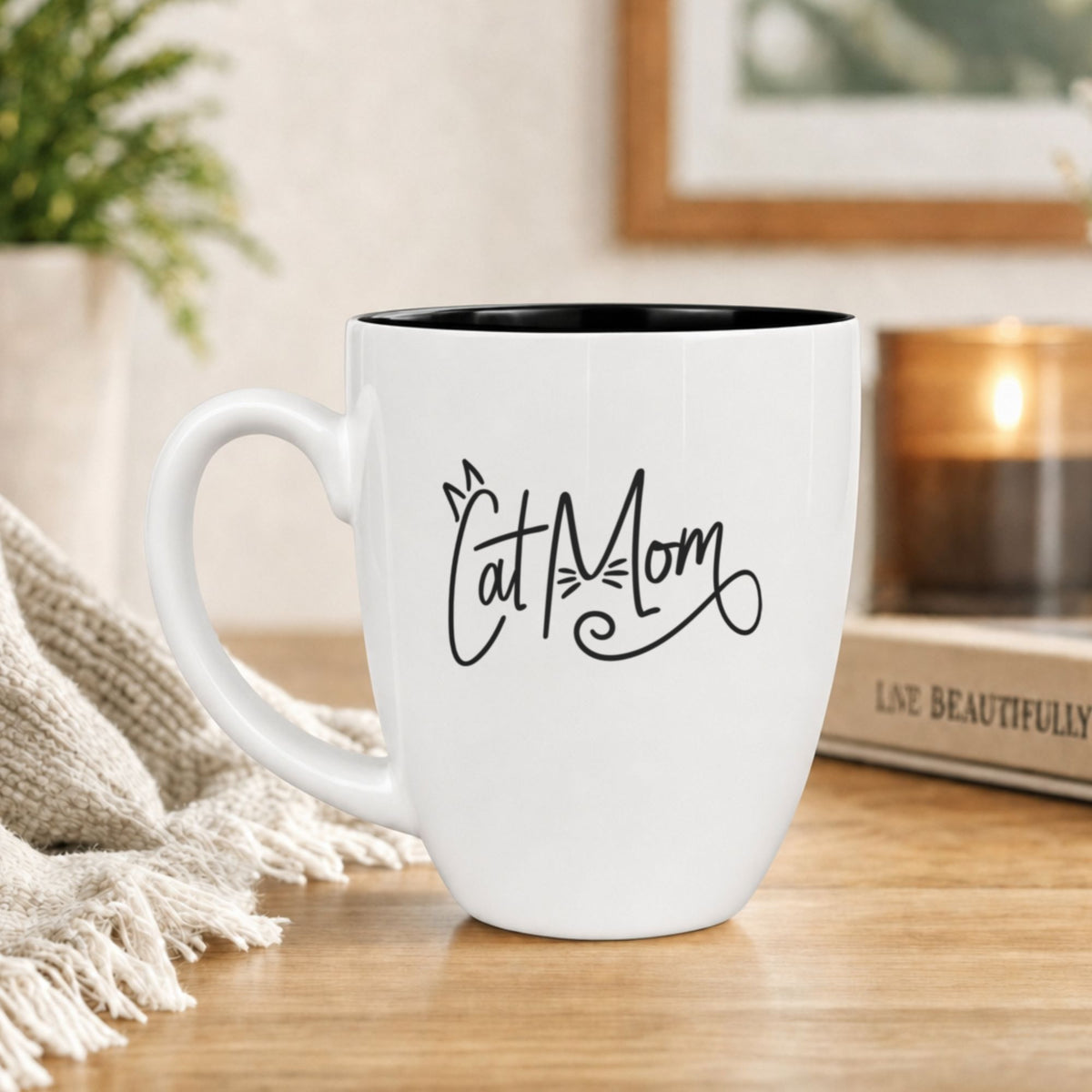 16 oz white ceramic coffee mug with "Cat Mom (Script)"