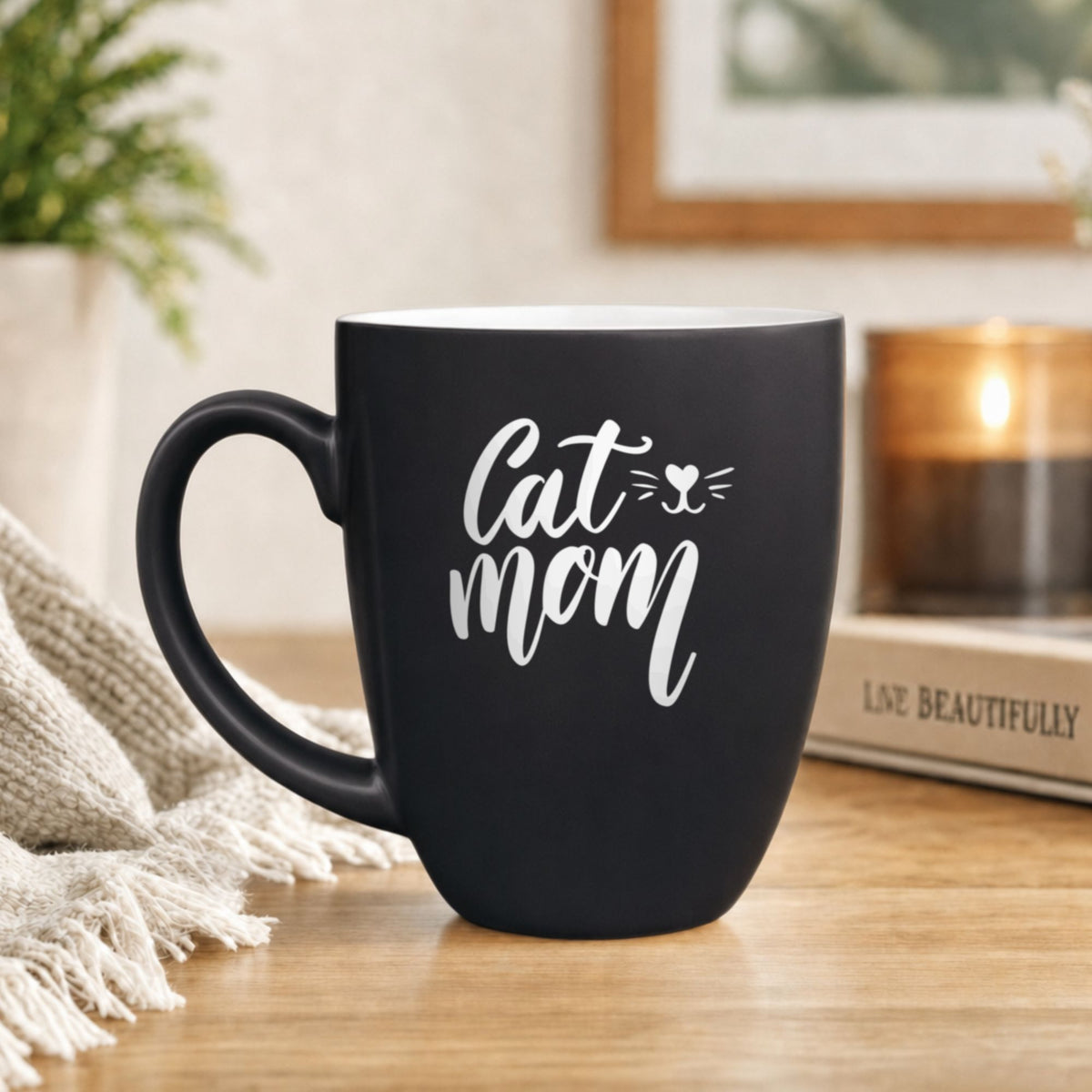 16 oz black ceramic coffee mug with "Cat Mom (Whiskers)"