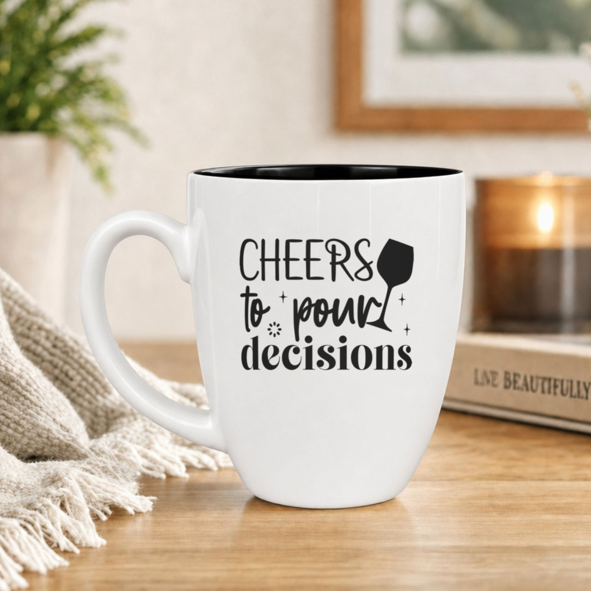 16 oz white ceramic coffee mug with "Cheers to Pour Decisions"