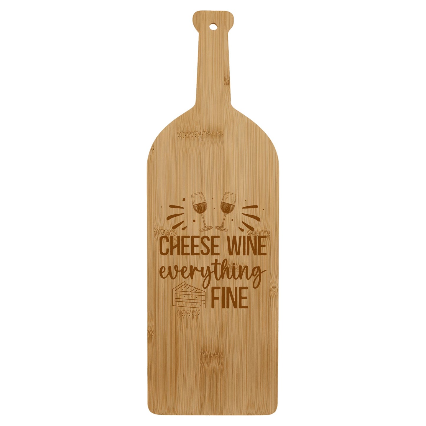 Bamboo Wine Bottle-Shaped Cutting Board – "Cheese, Wine, Everything Fine" Design