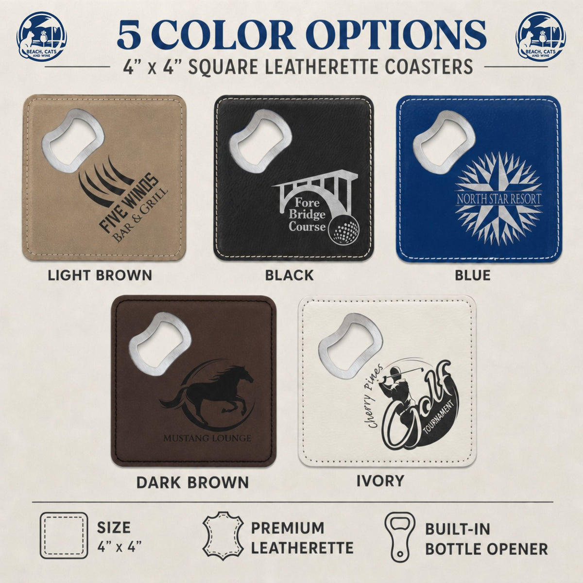 The five leatherette bottle opener coaster colors, light brown, black, blue, dark brown and ivory