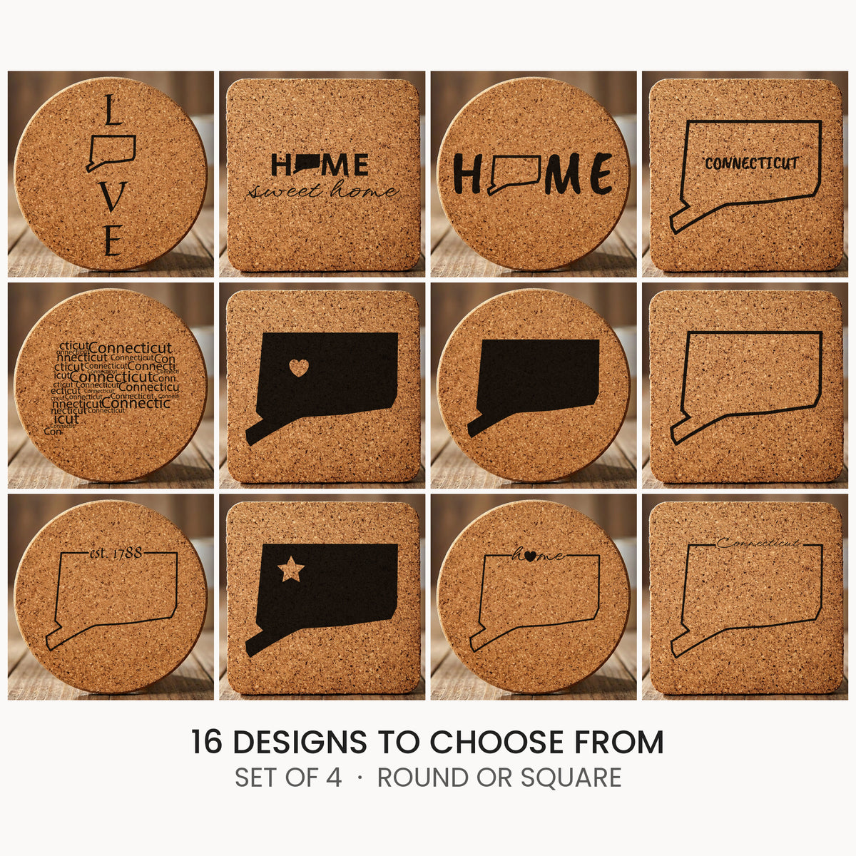 Connecticut cork coaster set, laser engraved natural cork