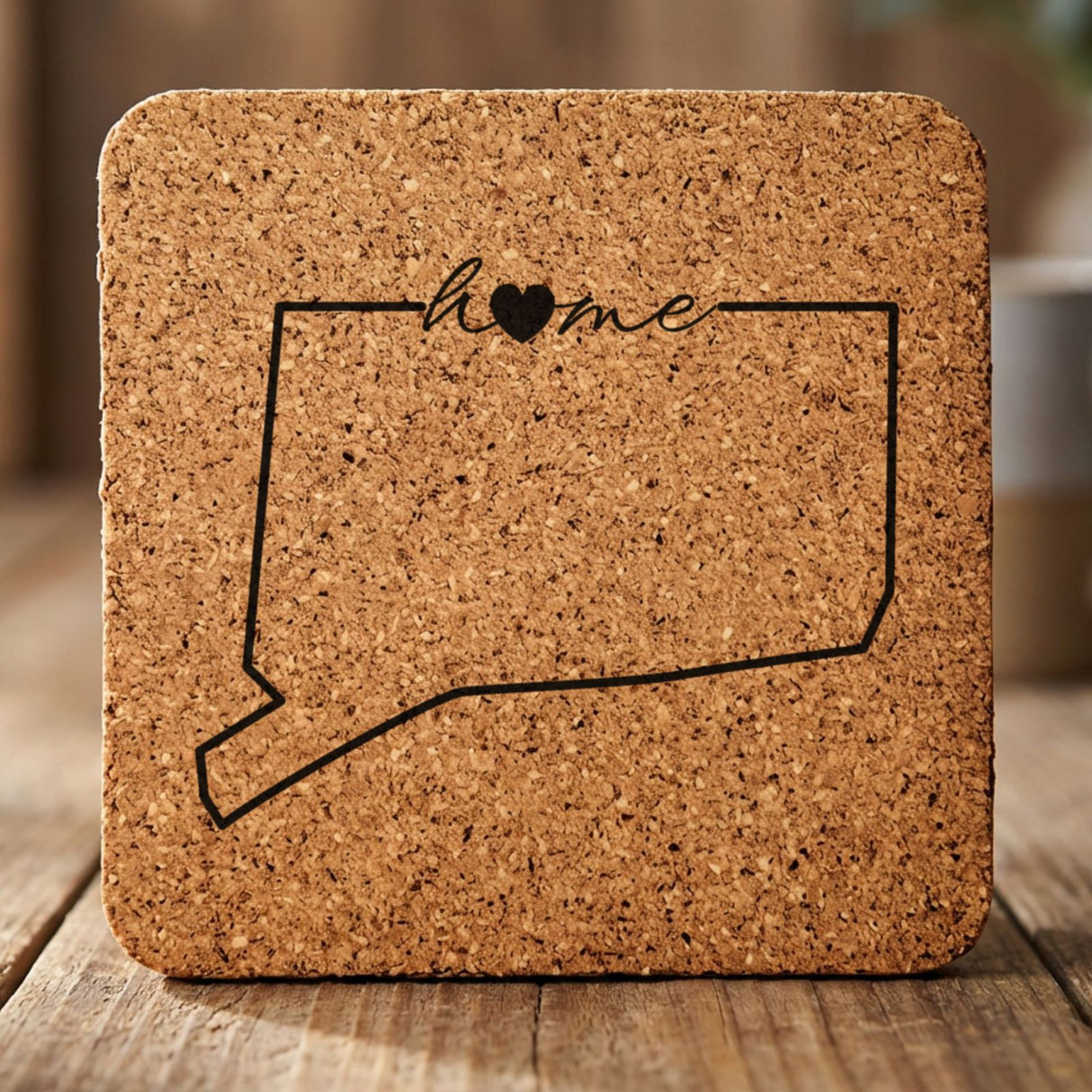 Connecticut square cork coaster engraved with the state outline and home in script with a heart