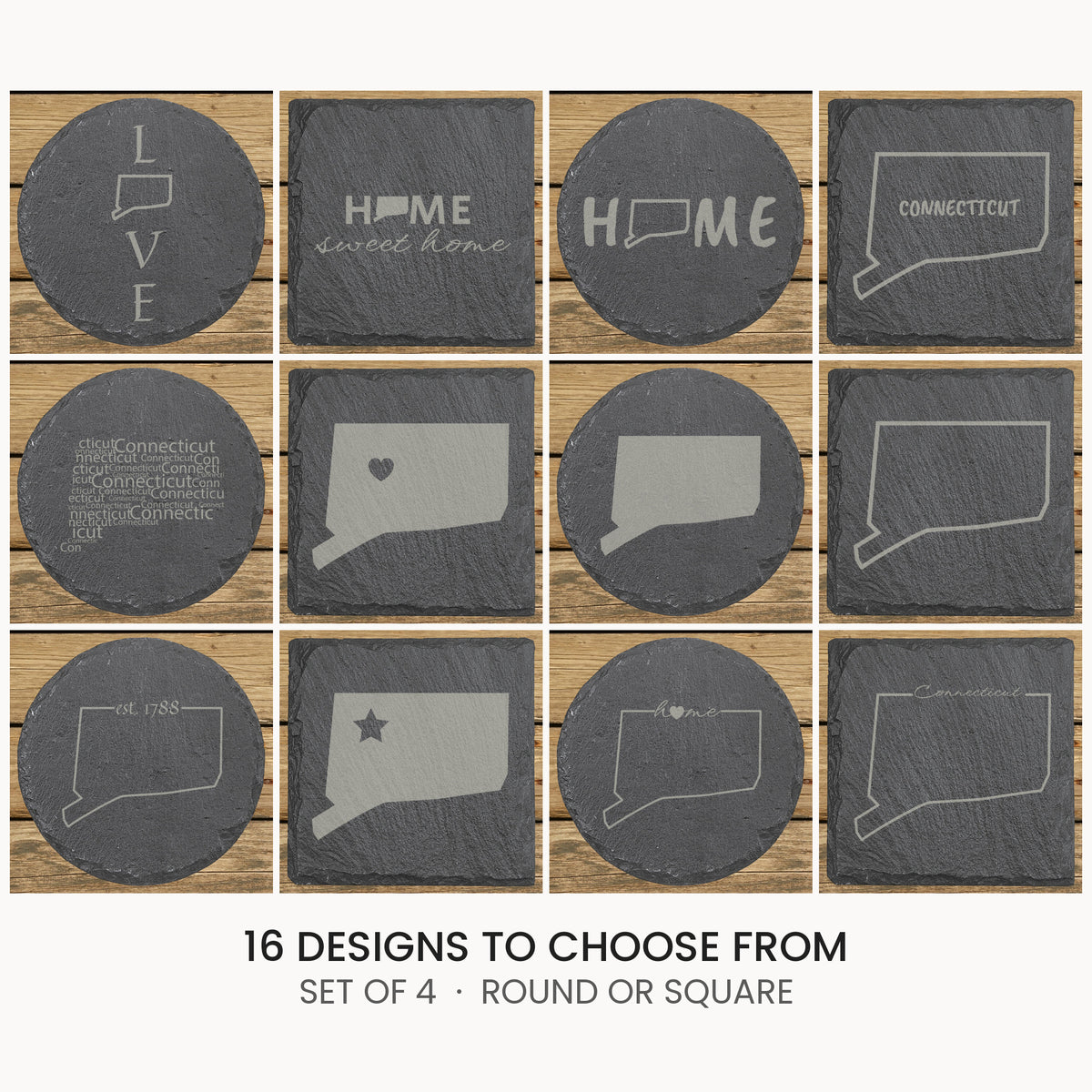 Connecticut slate coaster set, laser engraved natural stone