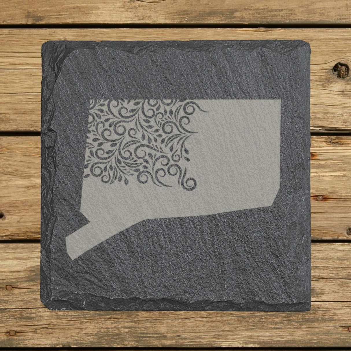 Connecticut square slate coaster engraved with the state shape in ornate floral scrollwork
