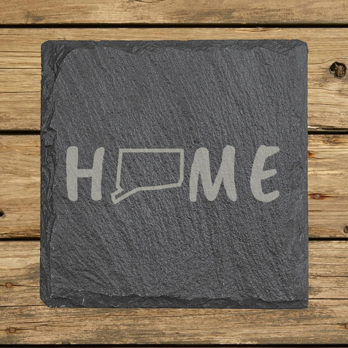 Connecticut square slate coaster engraved with HOME using the state outline as the letter O