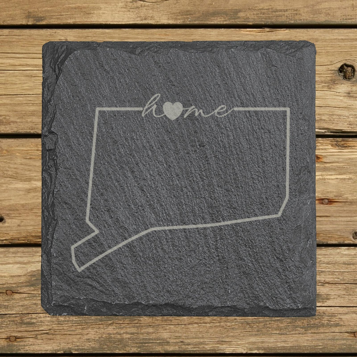 Connecticut square slate coaster engraved with the state outline and home in script with a heart