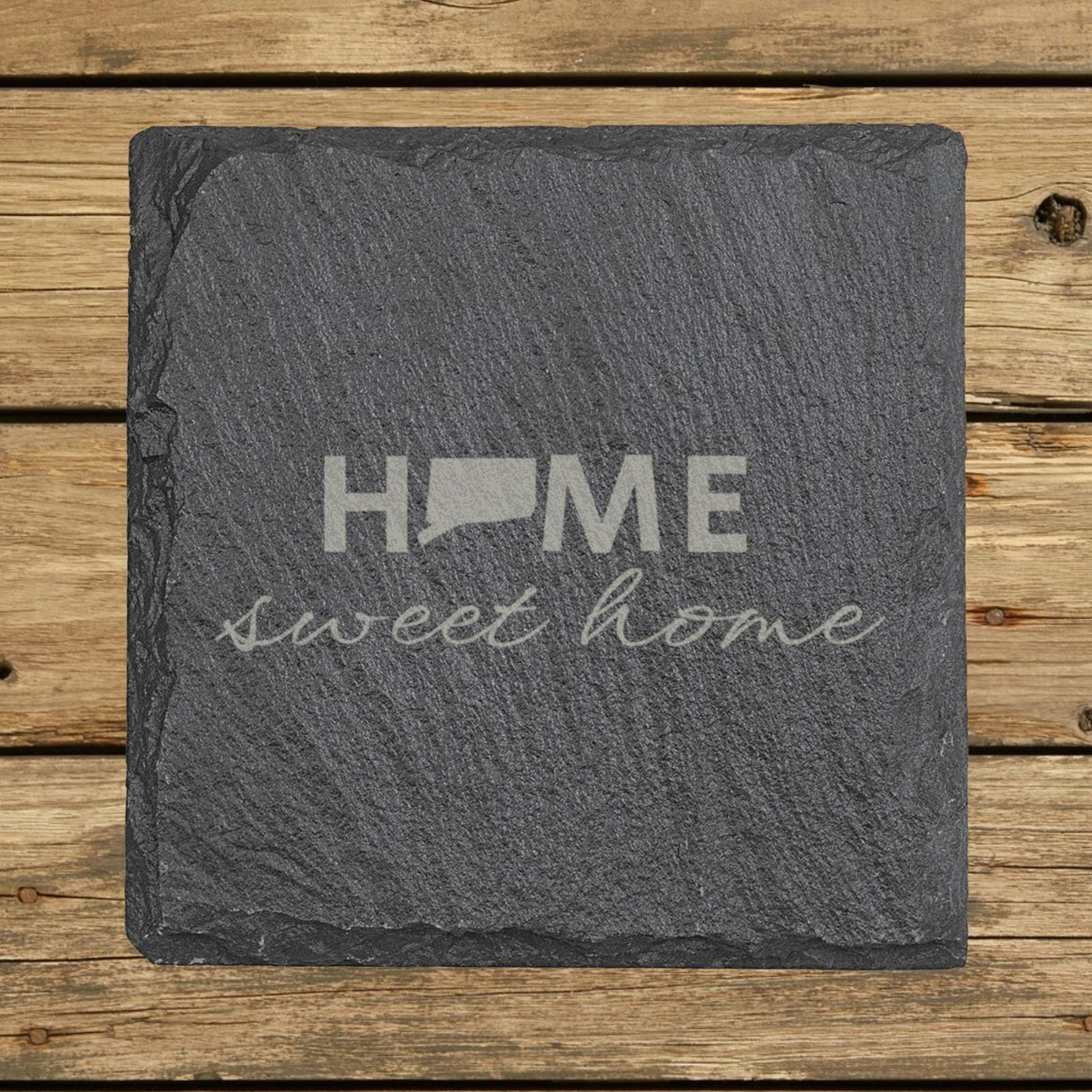 Connecticut square slate coaster engraved with HOME sweet home using the state shape as the letter O