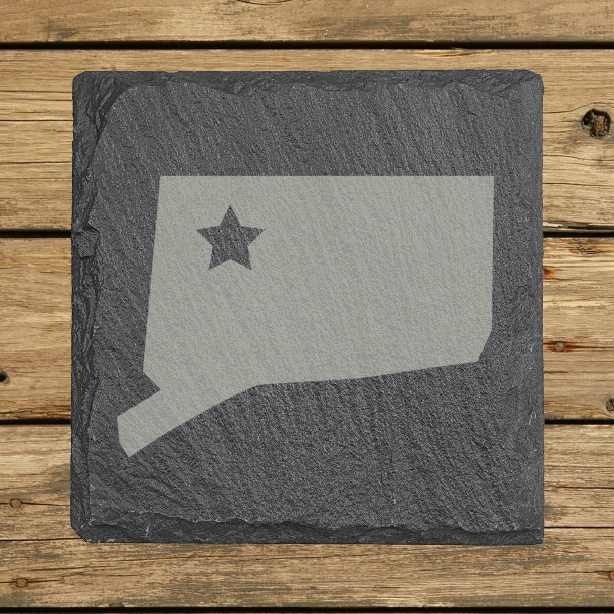 Connecticut square slate coaster engraved with the state shape and a star