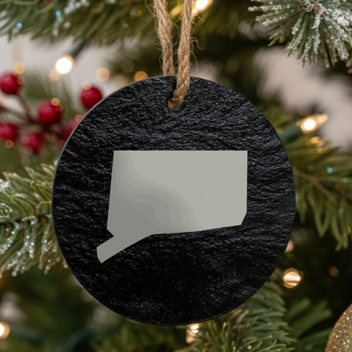 Connecticut round slate Christmas ornament with the full state shape engraved