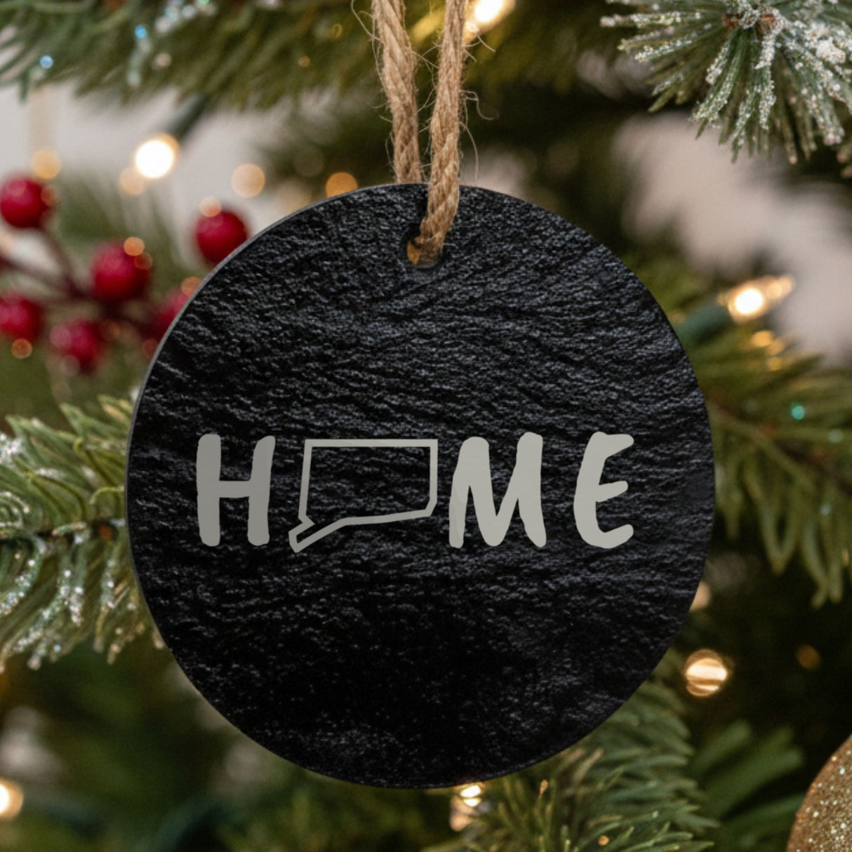 Connecticut round slate Christmas ornament engraved with HOME using the state outline as the letter O