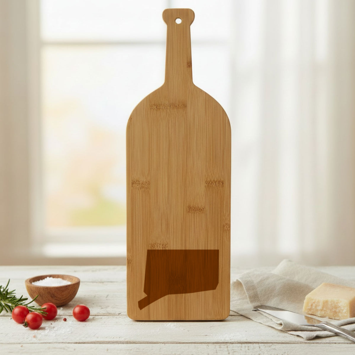 Bamboo wine bottle cutting board engraved with the Connecticut Engraved State design