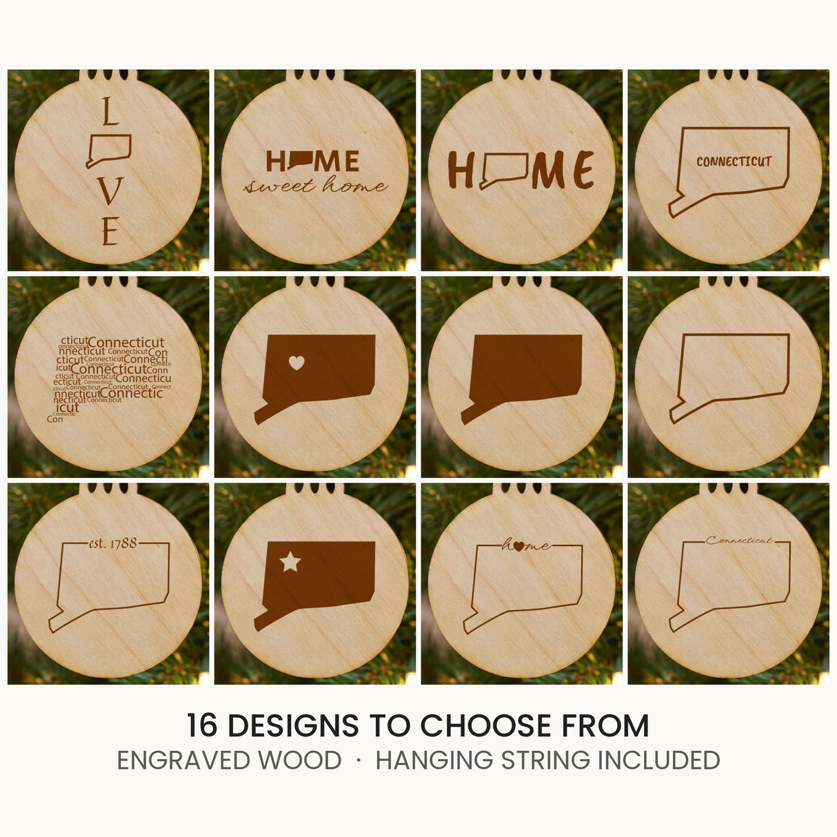 Connecticut wood Christmas ornament, laser engraved natural wood