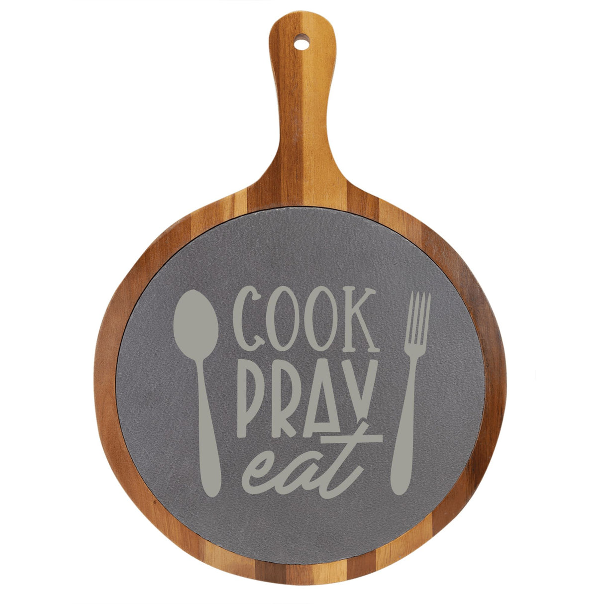 "Cook Pray Eat" Round Acacia Wood/Slate Cutting Board - Laser Engraved