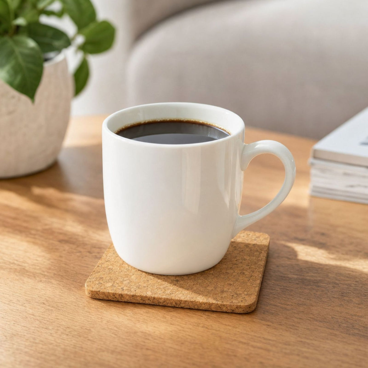 Cork coaster on a wood table beside a mug