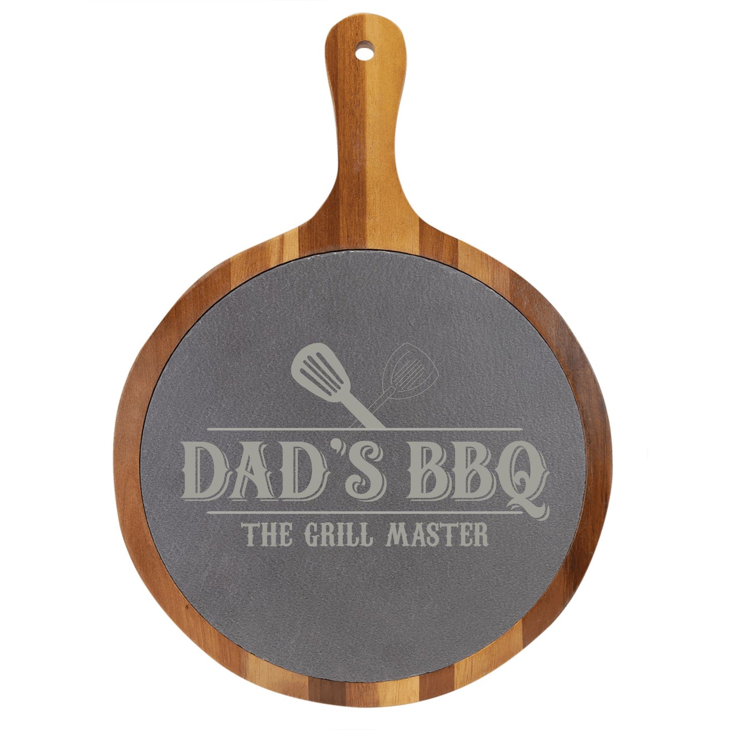 "Dad's BBQ" Round Acacia Wood/Slate Cutting Board - Laser Engraved