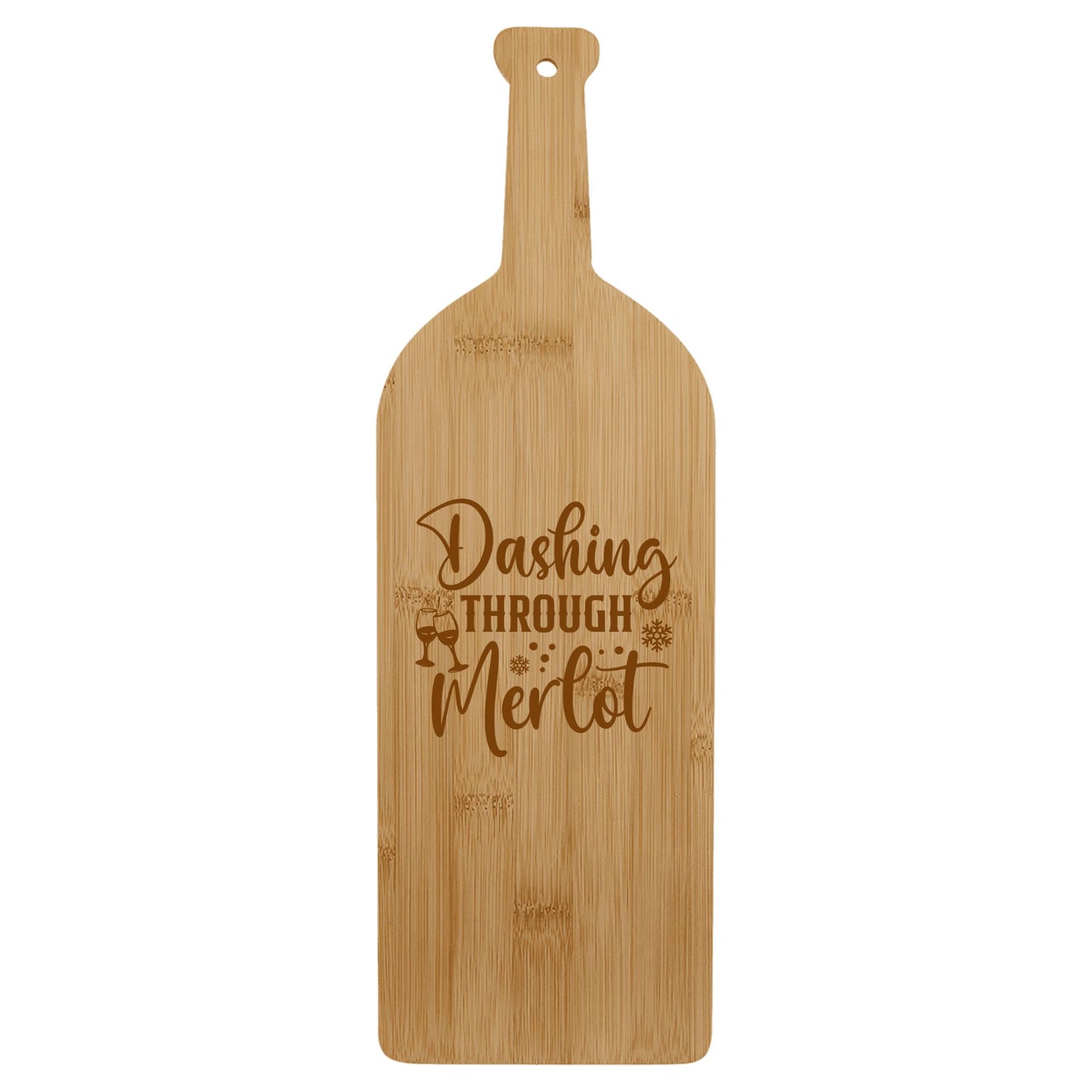 Bamboo Wine Bottle-Shaped Cutting Board – "Dashing Through Merlot" Design