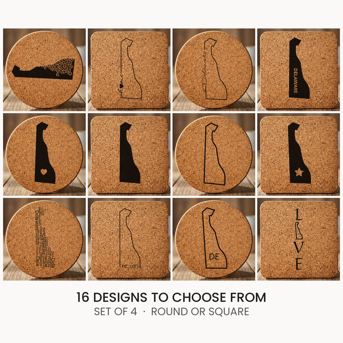 Delaware cork coaster set, laser engraved natural cork