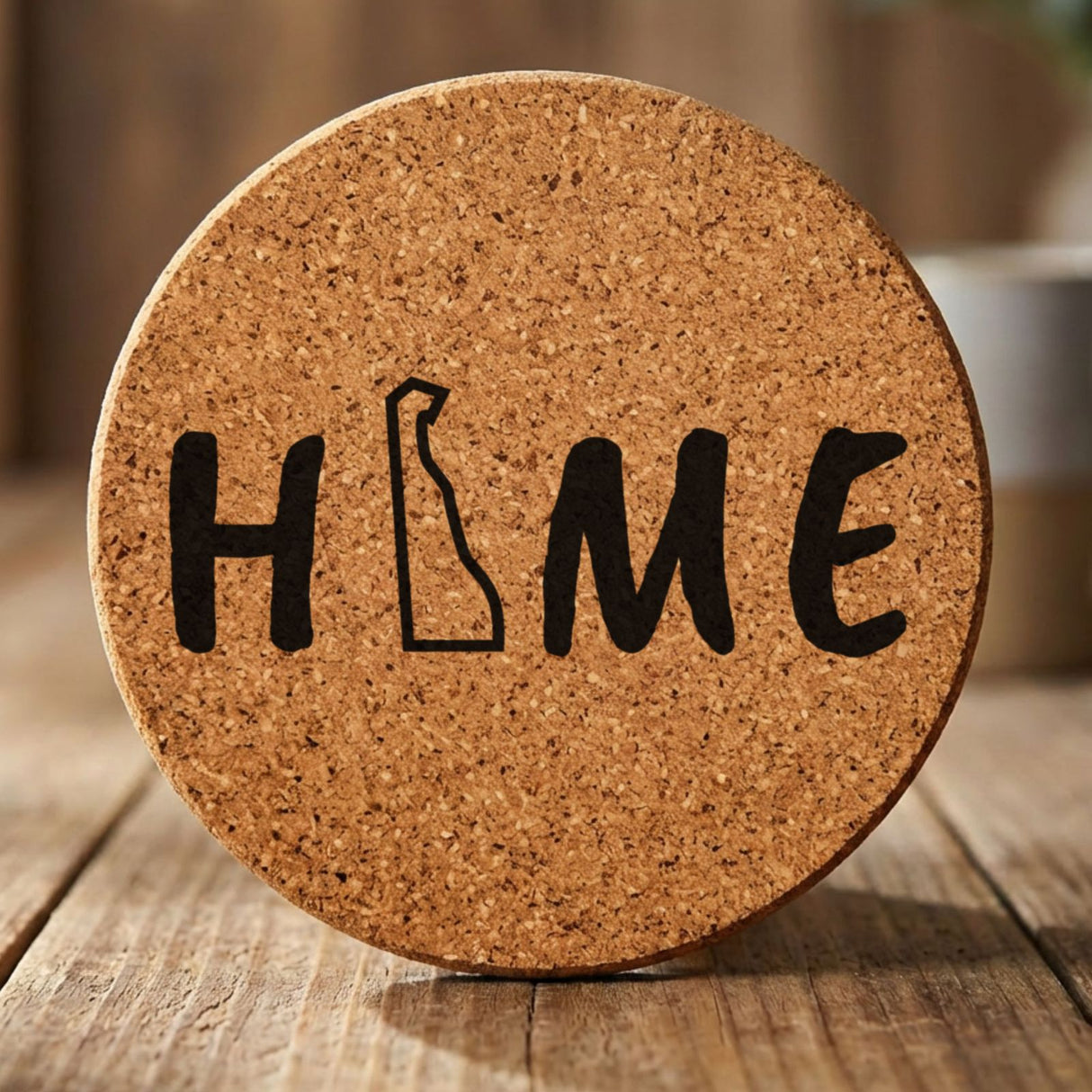 Delaware round cork coaster engraved with HOME using the state outline as the letter O