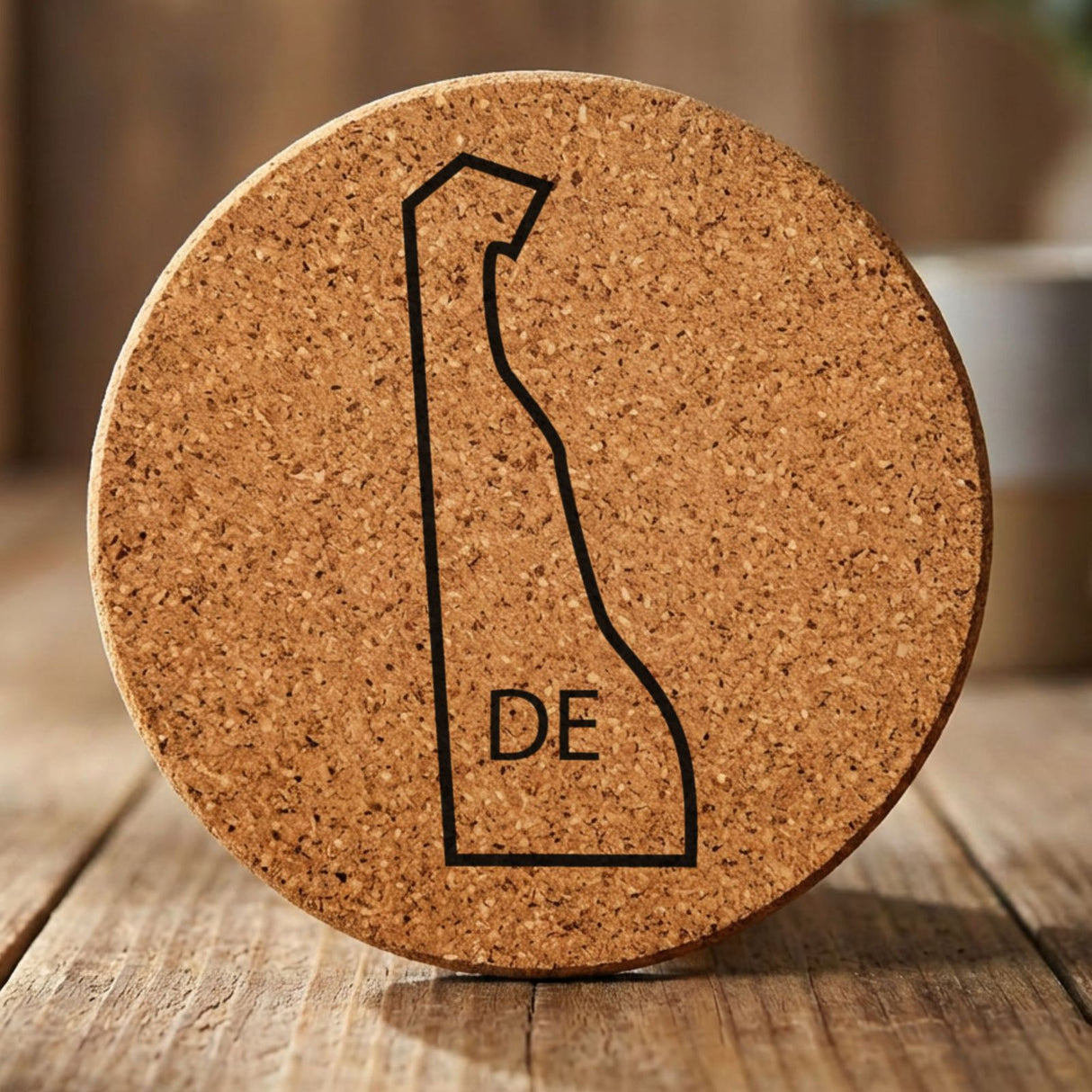 Delaware round cork coaster engraved with the state outline and DE initials