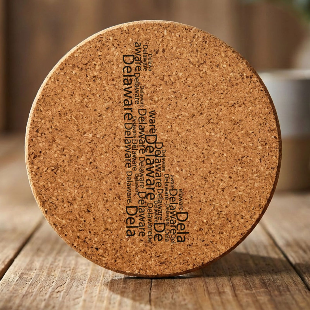 Delaware round cork coaster engraved with a word cloud of repeating Delaware text