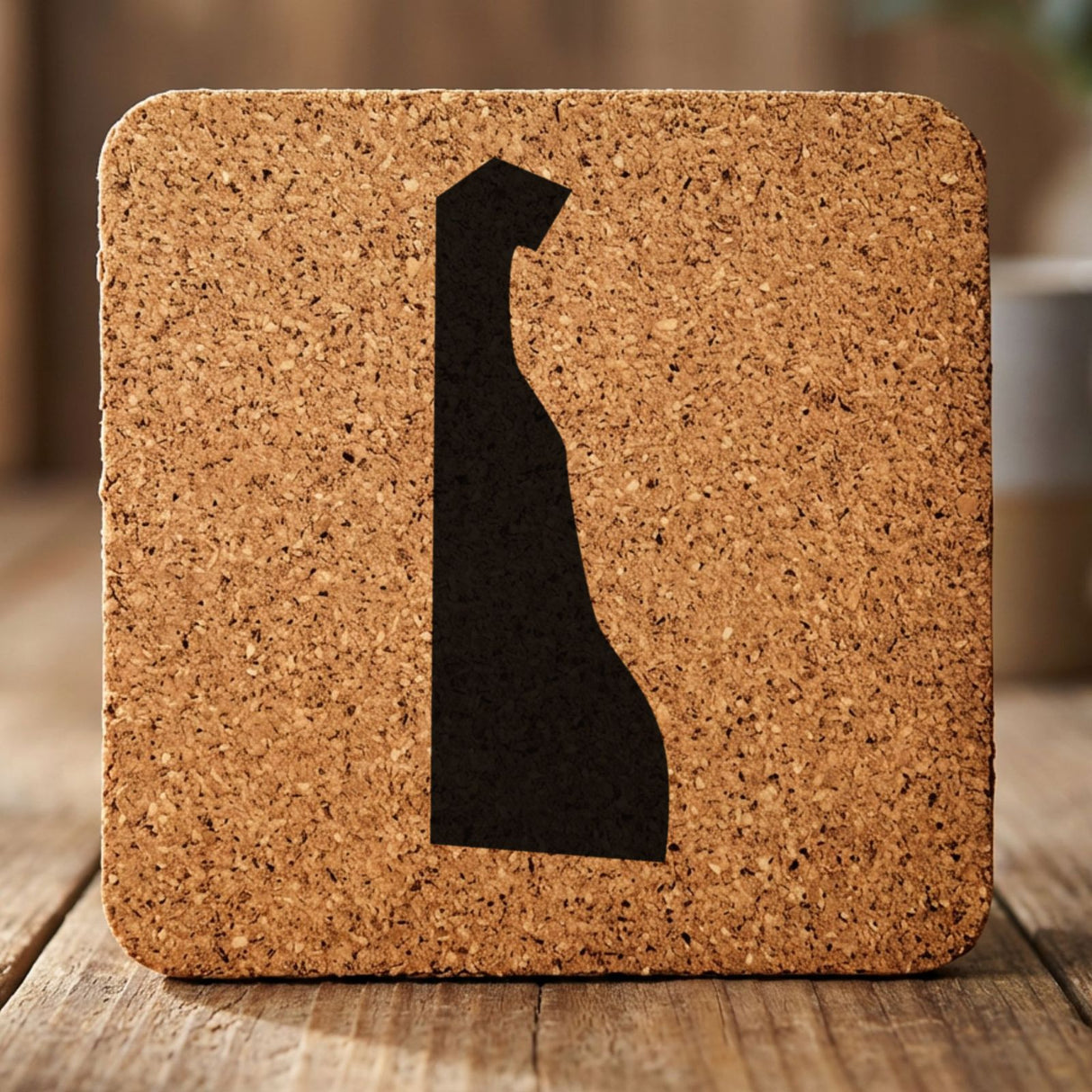 Delaware square cork coaster with the full state shape engraved