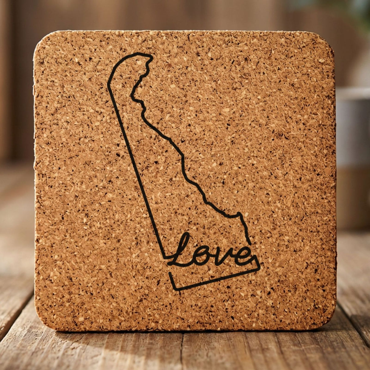 Delaware square cork coaster engraved with a hand-drawn state outline and love in cursive