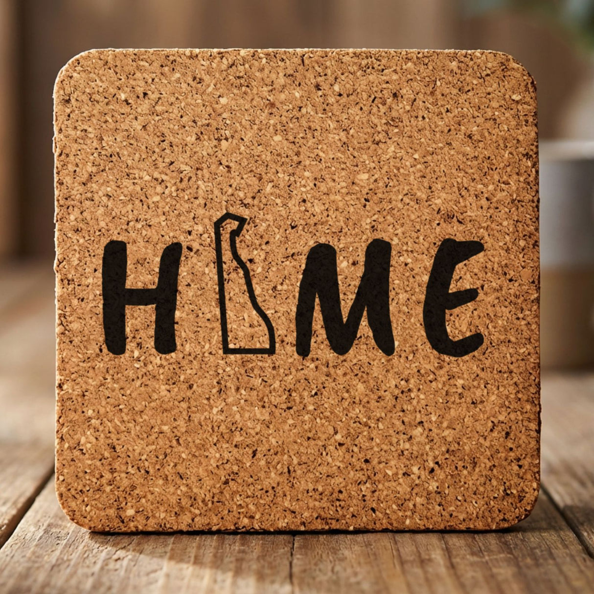 Delaware square cork coaster engraved with HOME using the state outline as the letter O