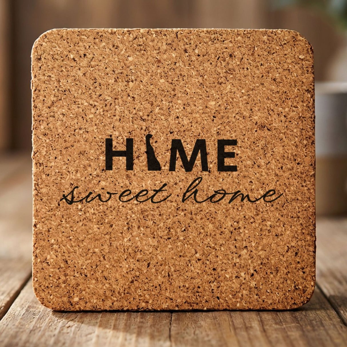 Delaware square cork coaster engraved with HOME sweet home using the state shape as the letter O