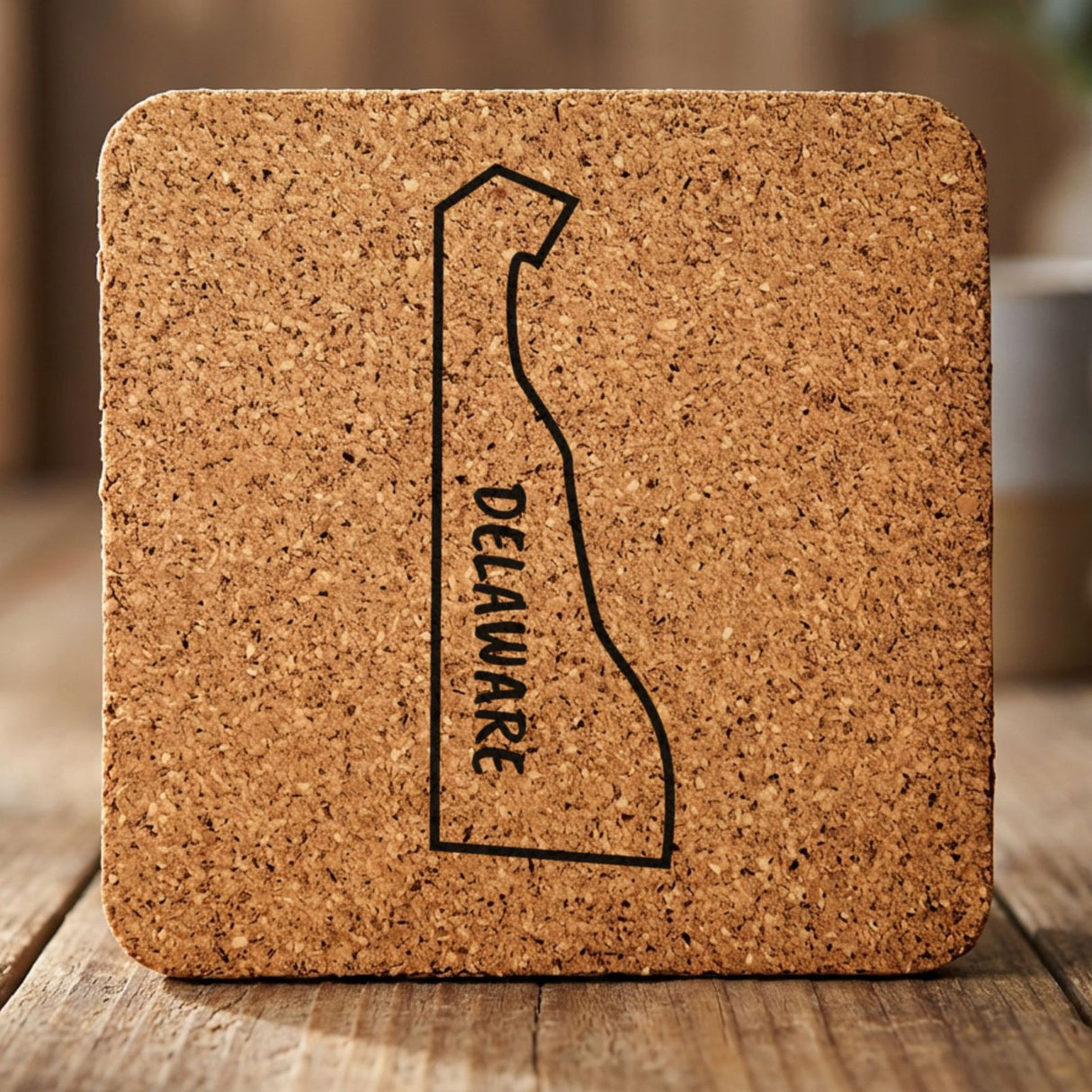 Delaware square cork coaster engraved with the state outline and DELAWARE running vertically