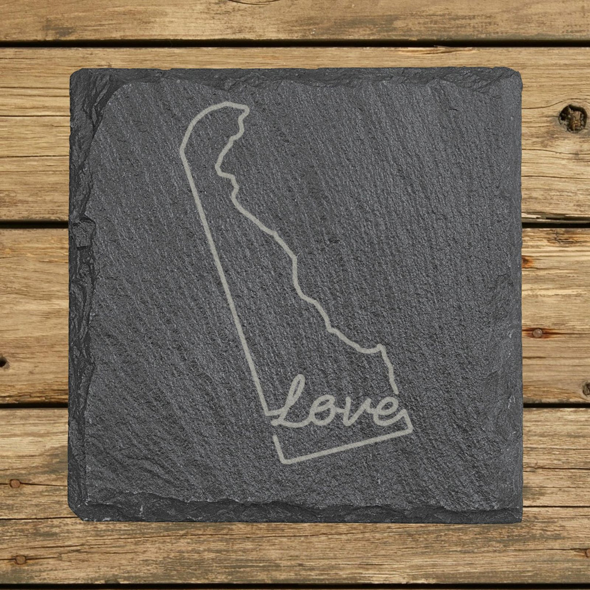 Delaware square slate coaster engraved with a hand-drawn state outline and love in cursive