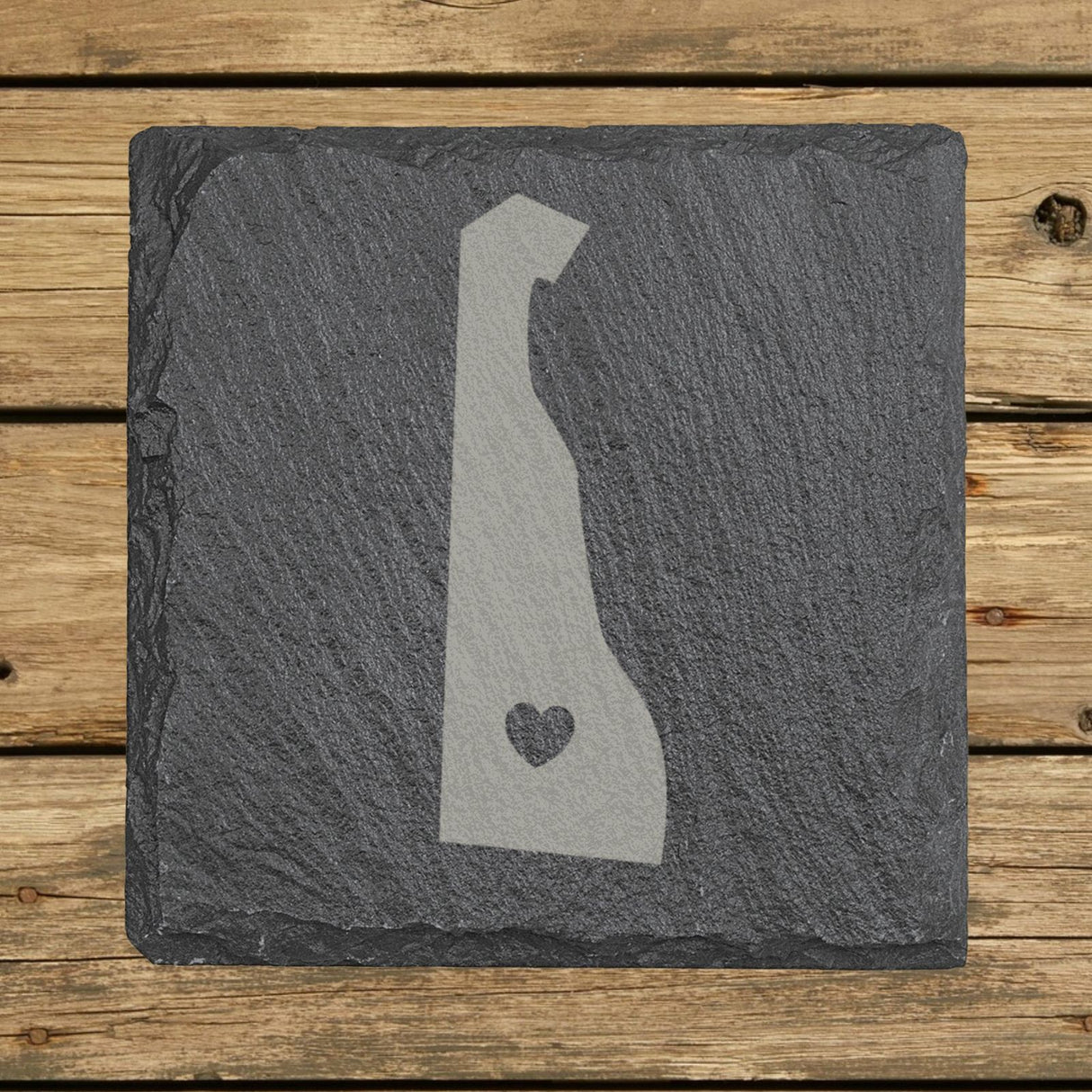 Delaware square slate coaster engraved with the state shape and a heart