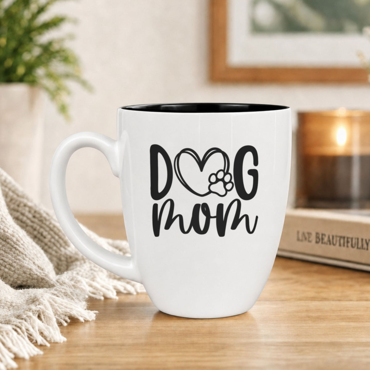 White 16 oz ceramic coffee mug printed with a hand drawn Dog Mom heart and paw design