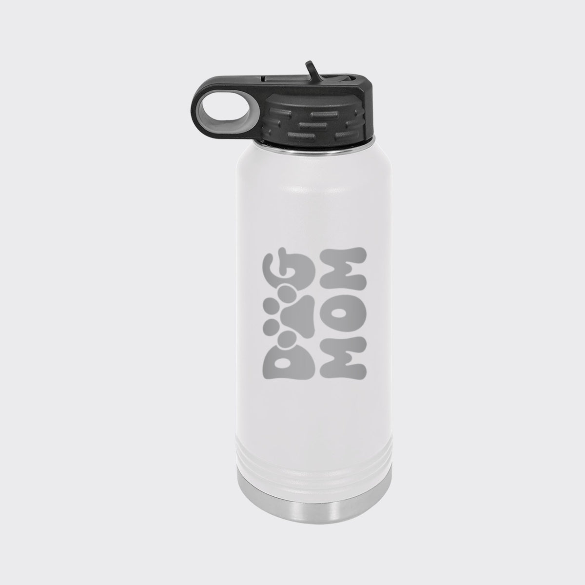 White 32 oz insulated water bottle laser engraved with a retro bubble letter Dog Mom design with a paw print