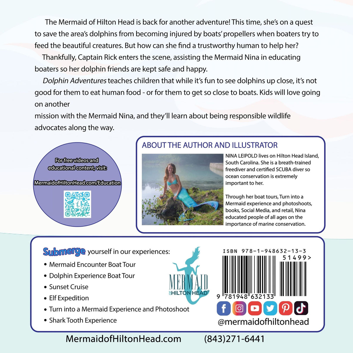 Dolphin Adventures children's book back cover with summary and author info