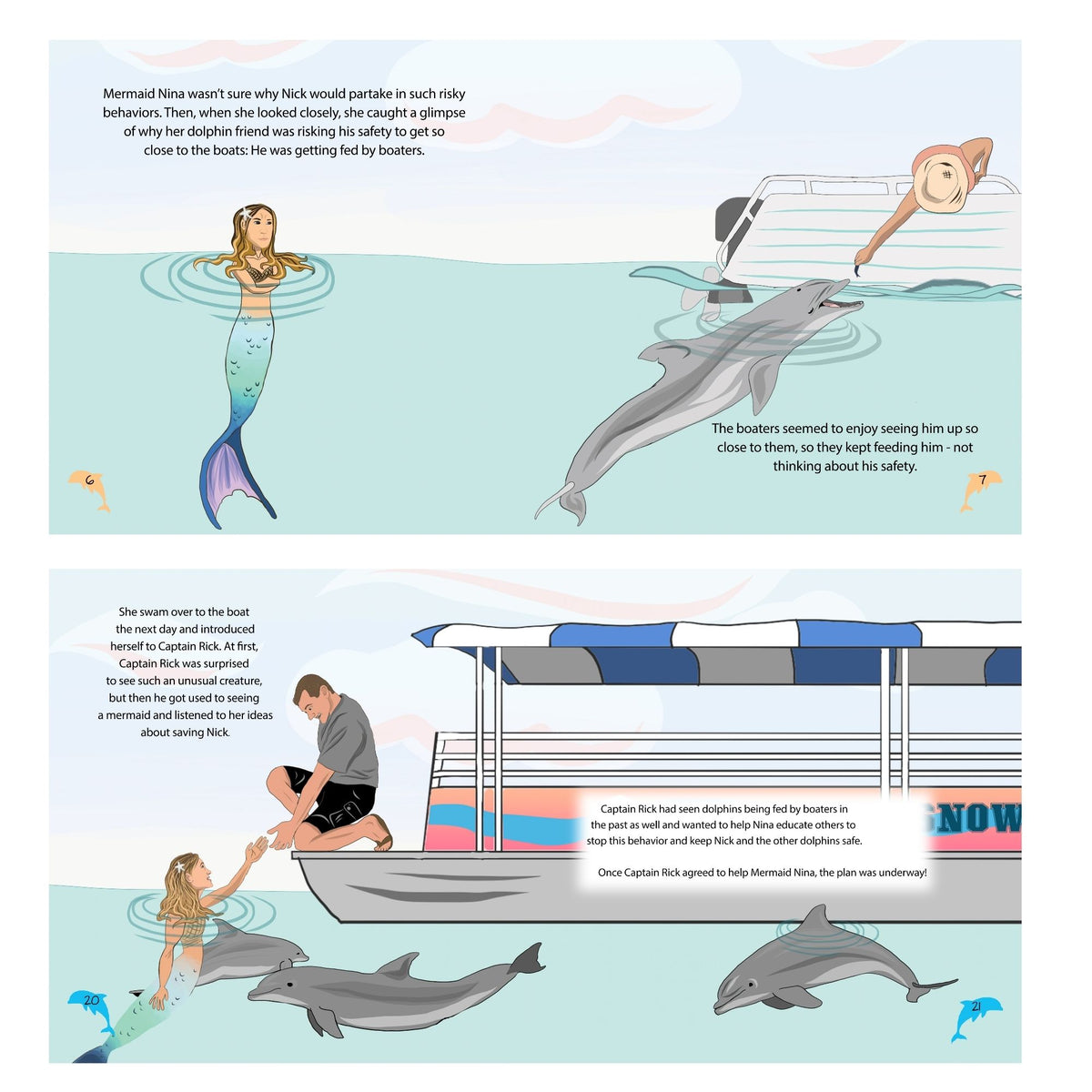 Inside pages of Dolphin Adventures showing a mermaid and dolphins near a boat
